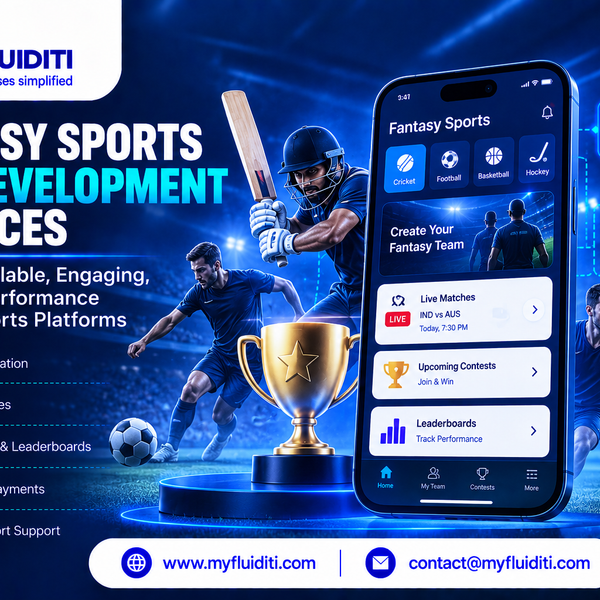 Smartphone displaying a fantasy sports league app beside a golden winner's trophy, accompanied by dynamic athletes playing cricket, football, and basketball in a stadium.