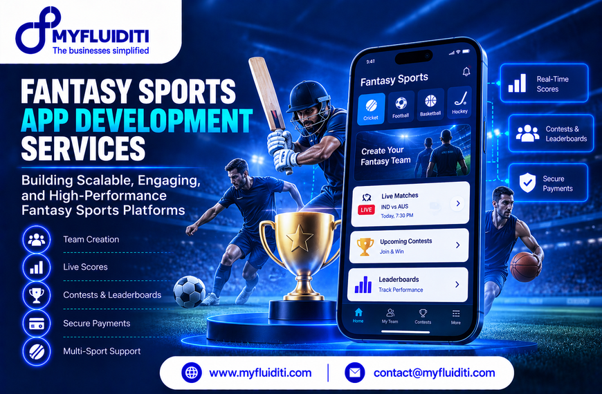 Smartphone displaying a fantasy sports league app beside a golden winner's trophy, accompanied by dynamic athletes playing cricket, football, and basketball in a stadium.