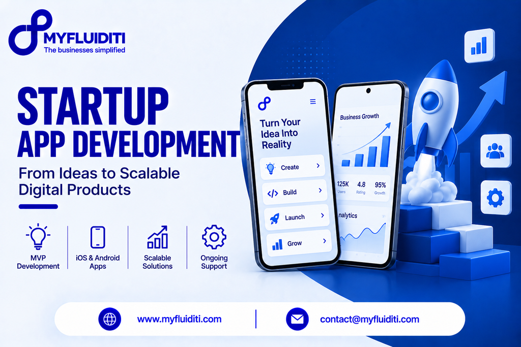 Two smartphones displaying startup lifecycle stages and growth analytics beside a 3D rocket launching from ascending stepped blocks against a blue background.