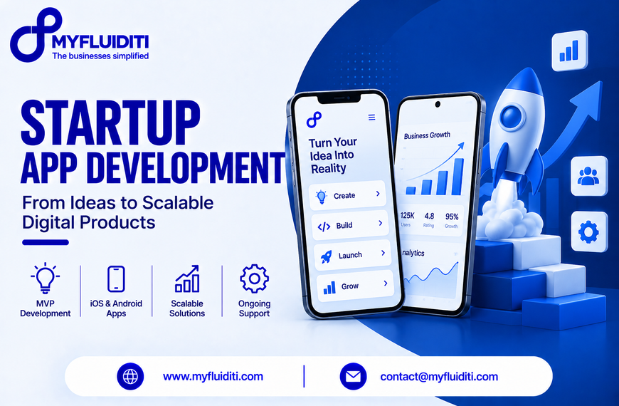 Two smartphones displaying startup lifecycle stages and growth analytics beside a 3D rocket launching from ascending stepped blocks against a blue background.