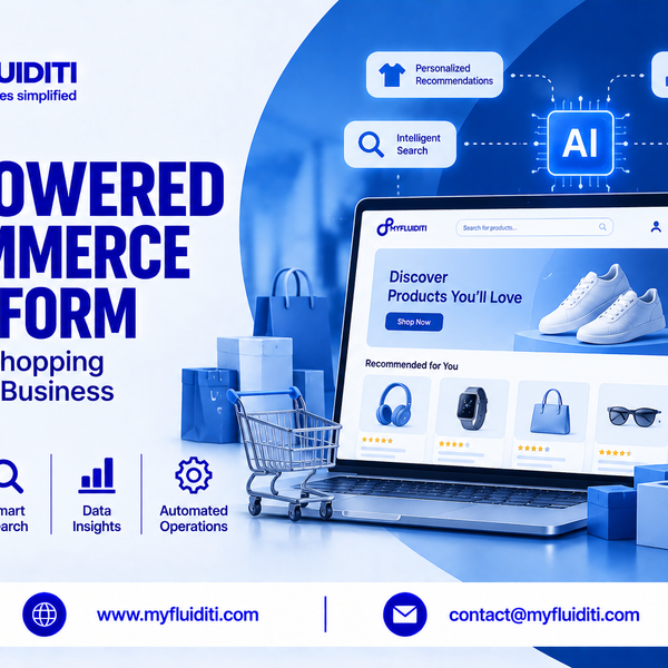 Laptop and smartphone displaying an AI e-commerce storefront with personalized product recommendations, positioned next to a miniature blue shopping cart, shopping bags, and parcel boxes beneath glowing AI feature nodes.