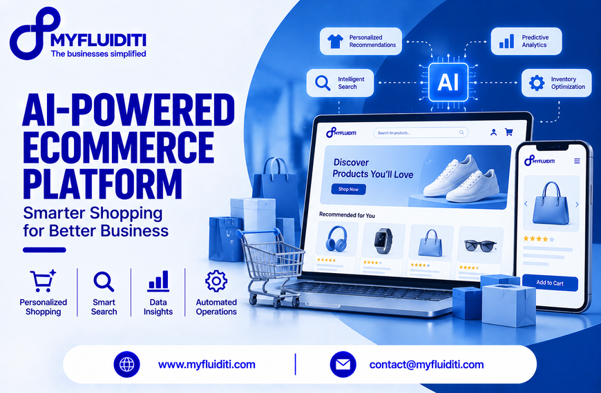 Laptop and smartphone displaying an AI e-commerce storefront with personalized product recommendations, positioned next to a miniature blue shopping cart, shopping bags, and parcel boxes beneath glowing AI feature nodes.