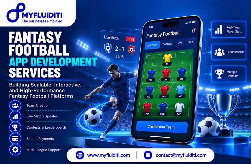 Smartphone displaying a fantasy football team lineup on a virtual pitch, set on a podium beside a silver trophy and soccer balls, with an active soccer player kicking a ball in a packed stadium background.
